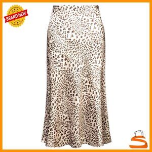 Midi Skirt High Waist Elastic Satin Silk Leopard Print Size M